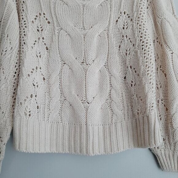 CLOTH by RD Cable Knit Scoop Neck Pullover Knit Sweater Puff Sleeve White Sz XS - Picture 3 of 16